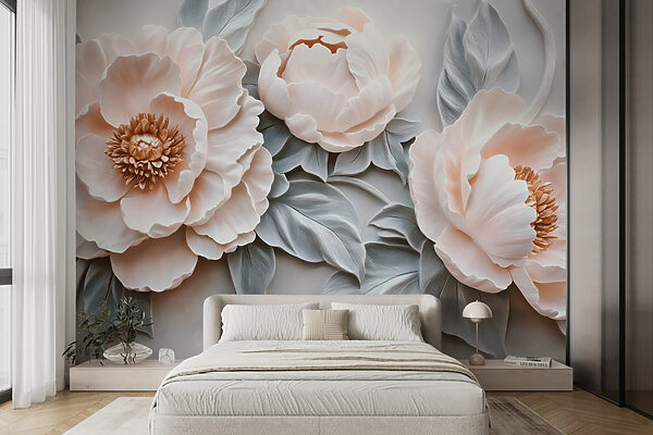 Groep witte bloemen met bladeren Fotobehang Groep witte bloemen met bladeren