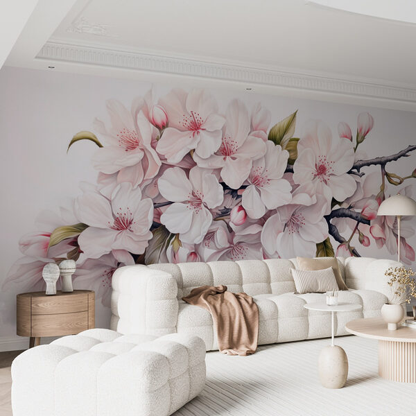 Schilderij van witte bloemen op een tak Fotobehang Schilderij van witte bloemen op een tak
