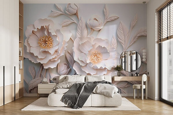 Witte bloemen en bladeren op een wit oppervlak Fotobehang Witte bloemen en bladeren op een wit oppervlak