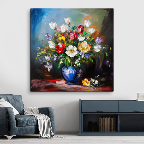 Schilderij van bloemen in een blauwe vaas Canvas Schilderijen Schilderij van bloemen in een blauwe vaas