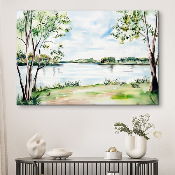 Aquarel van een meer met bomen en gras Canvas Schilderijen Aquarel van een meer met bomen en gras