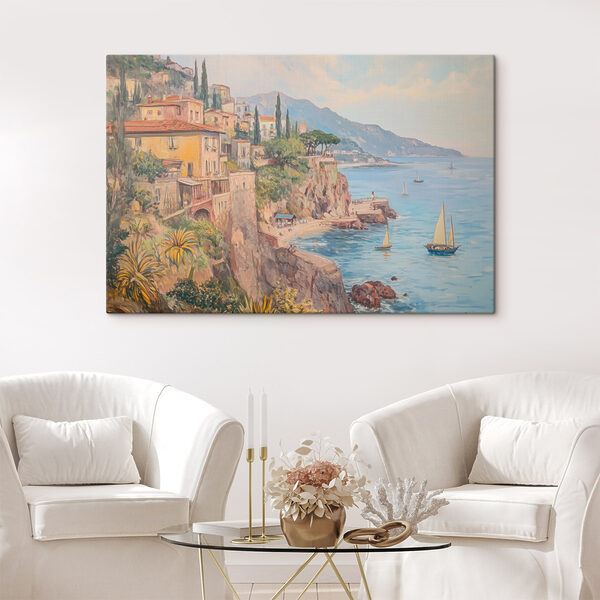 Schilderij van een stad op een klif aan het water Canvas Schilderijen Schilderij van een stad op een klif aan het water