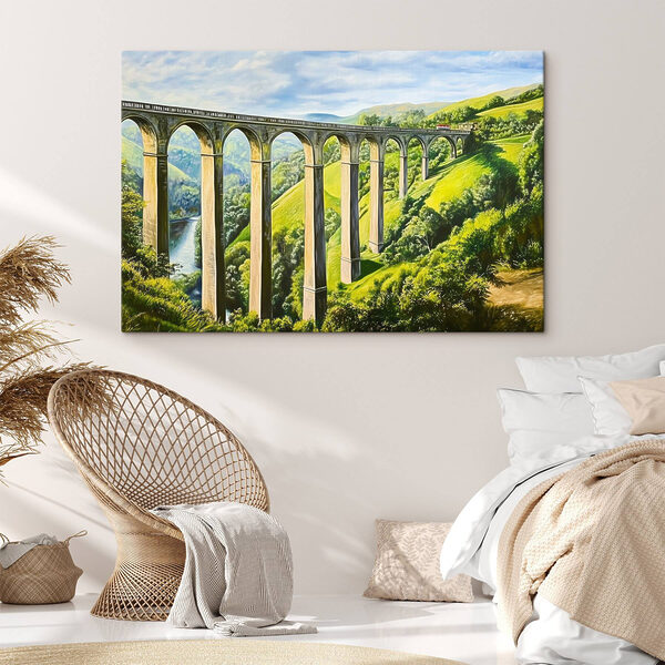 Trein op een brug over een rivier Canvas Schilderijen Trein op een brug over een rivier