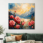 Canvas Schilderijen Schilderij van bloemen en bergen