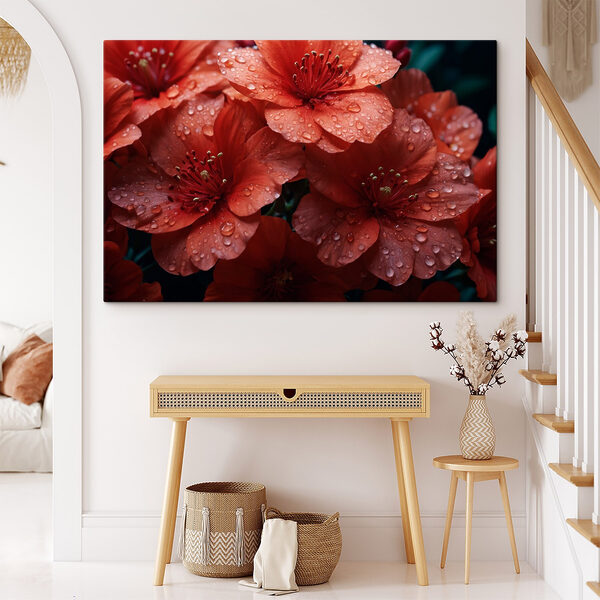 Groep rode bloemen met waterdruppels Canvas Schilderijen Groep rode bloemen met waterdruppels