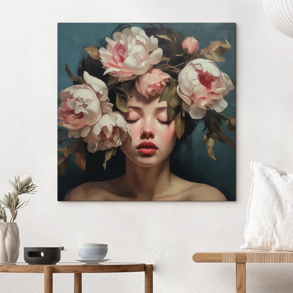 Vrouw met bloemen op haar hoofd Canvas Schilderijen Vrouw met bloemen op haar hoofd
