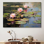 Canvas Schilderijen Groep roze bloemen op lelieblad