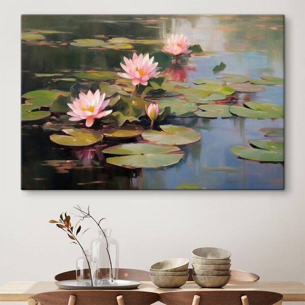 Groep roze bloemen op lelieblad Canvas Schilderijen Groep roze bloemen op lelieblad