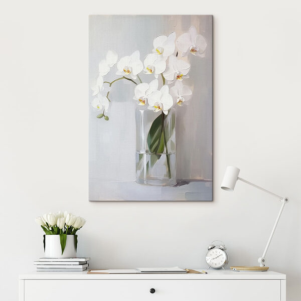 Schilderij van een witte orchidee in een glazen vaas Canvas Schilderijen Schilderij van een witte orchidee in een glazen vaas