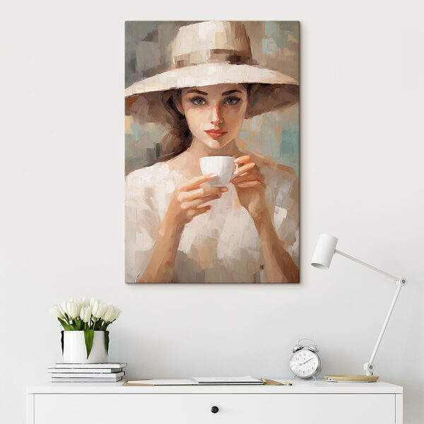 Vrouw met hoed die een beker vasthoudt Canvas Schilderijen Vrouw met hoed die een beker vasthoudt