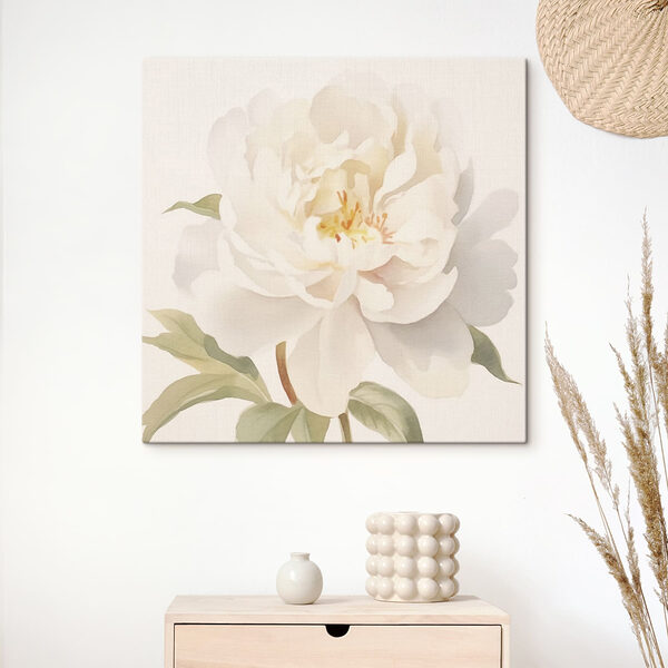 Witte bloem met groene bladeren Canvas Schilderijen Witte bloem met groene bladeren