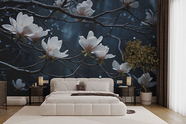 Boom met witte bloemen Fotobehang Boom met witte bloemen