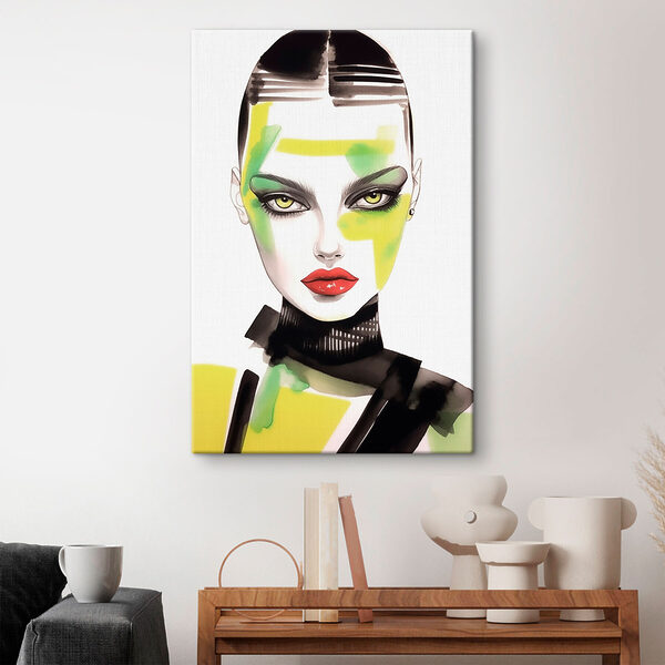Vrouw met groene en gele make-up Canvas Schilderijen Vrouw met groene en gele make-up