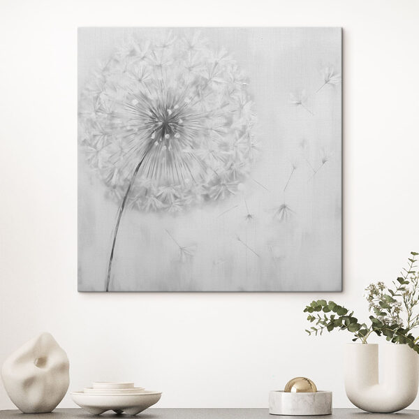 Paardenbloem met in de lucht vliegende zaadjes Canvas Schilderijen Paardenbloem met in de lucht vliegende zaadjes