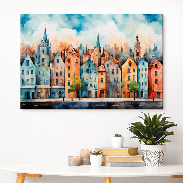 Aquarel van een rij gebouwen Canvas Schilderijen Aquarel van een rij gebouwen