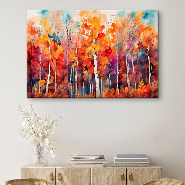 Aquarel van bomen met oranje en paarse bladeren Canvas Schilderijen Aquarel van bomen met oranje en paarse bladeren