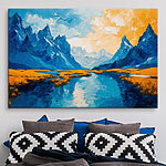 Canvas Schilderijen Schilderij van een rivier met bergen en gras