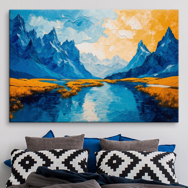 Schilderij van een rivier met bergen en gras Canvas Schilderijen Schilderij van een rivier met bergen en gras