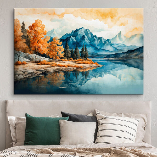 Aquarel van een meer met bomen en bergen Canvas Schilderijen Aquarel van een meer met bomen en bergen