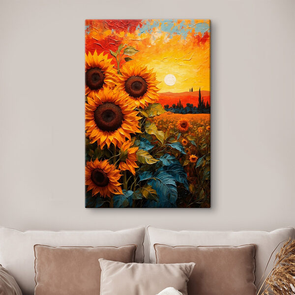 Schilderij van zonnebloemen in een veld Canvas Schilderijen Schilderij van zonnebloemen in een veld
