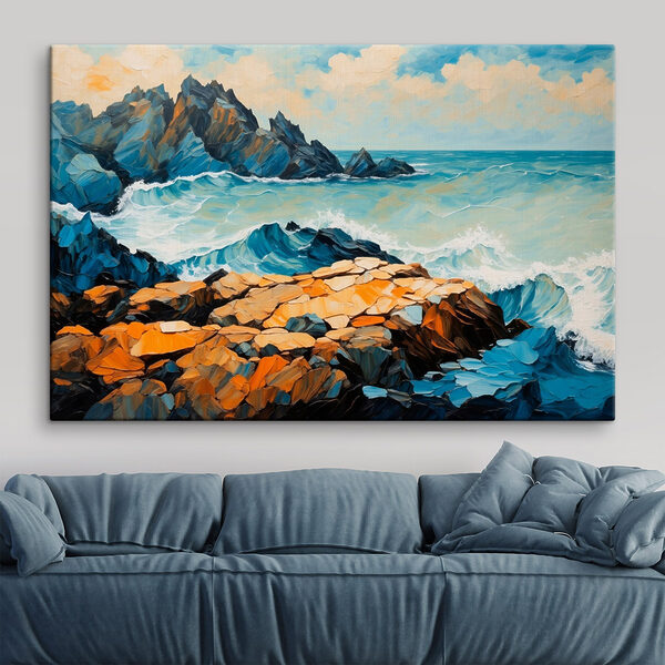 Schilderij van golven die op rotsen slaan Canvas Schilderijen Schilderij van golven die op rotsen slaan