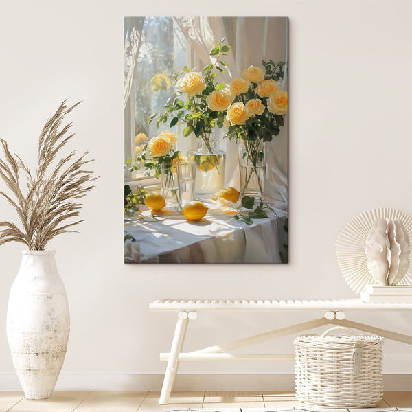 Gele bloemen in vazen met citroenen Canvas Schilderijen Gele bloemen in vazen met citroenen