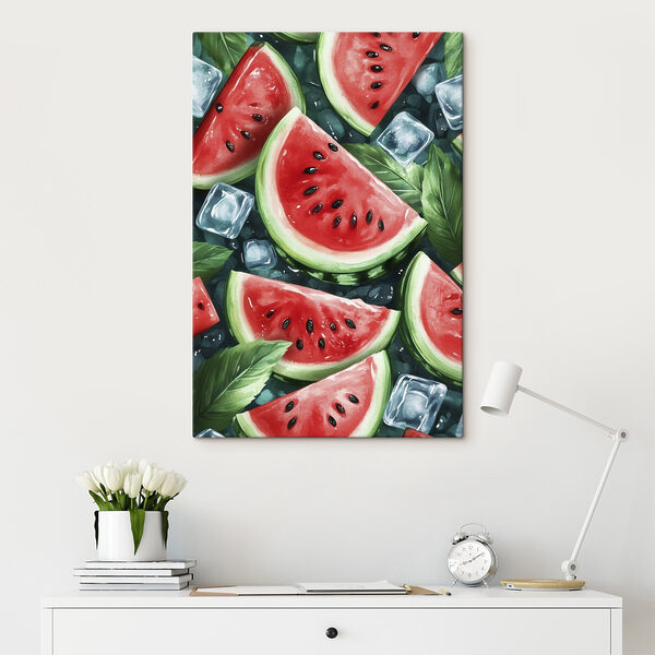 Plakjes watermeloen en ijsblokjes op een oppervlak Canvas Schilderijen Plakjes watermeloen en ijsblokjes op een oppervlak