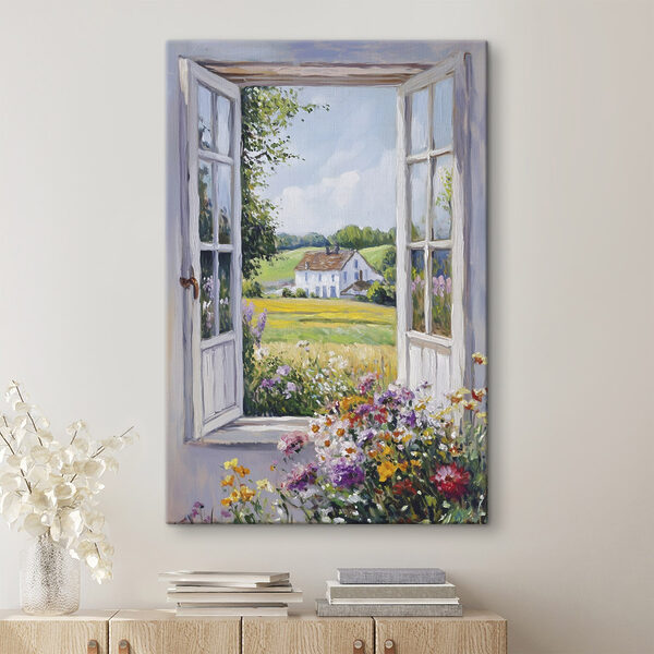 Schilderij van een huis gezien door een raam Canvas Schilderijen Schilderij van een huis gezien door een raam