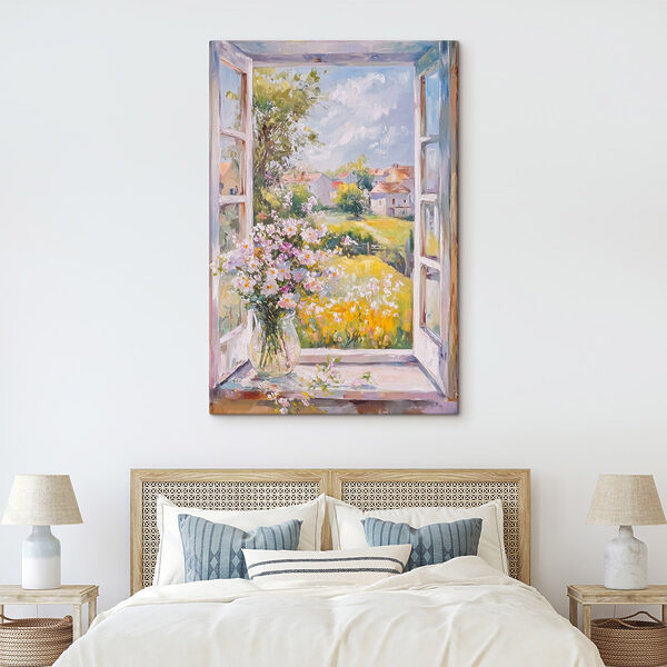 Schilderij van een raam met bloemen erin Canvas Schilderijen Schilderij van een raam met bloemen erin