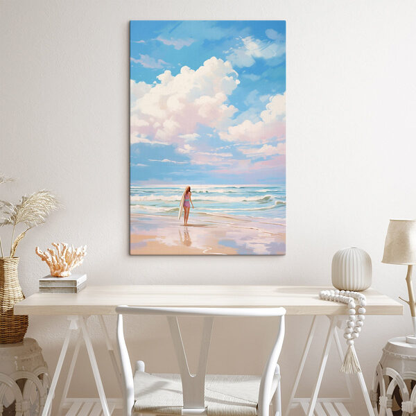 Meisje met surfplank op strand Canvas Schilderijen Meisje met surfplank op strand