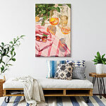 Canvas Schilderijen Groep glazen wijn en zonnebrillen op een deken