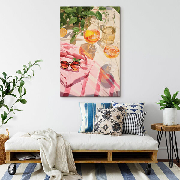 Groep glazen wijn en zonnebrillen op een deken Canvas Schilderijen Groep glazen wijn en zonnebrillen op een deken