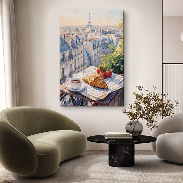 Ontbijt op een tafel met een kopje koffie en aardbeien Canvas Schilderijen Ontbijt op een tafel met een kopje koffie en aardbeien