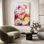 Canvas Schilderijen Glas roze drank met citroenen en bloemen