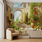 Fotobehang Charmante straat met levendige bloemen