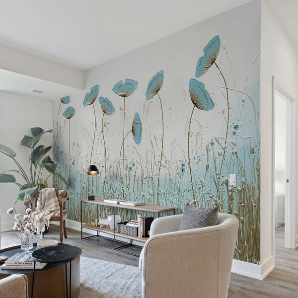 Fotobehang Blauwe bloemen dansen in een zacht briesje