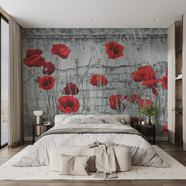 Fotobehang Rode klaprozen tegen een muur met structuur (Artikelnummer: u40552) Fotobehang Fotobehang Rode klaprozen tegen een muur met structuur (Artikelnummer: u40552)