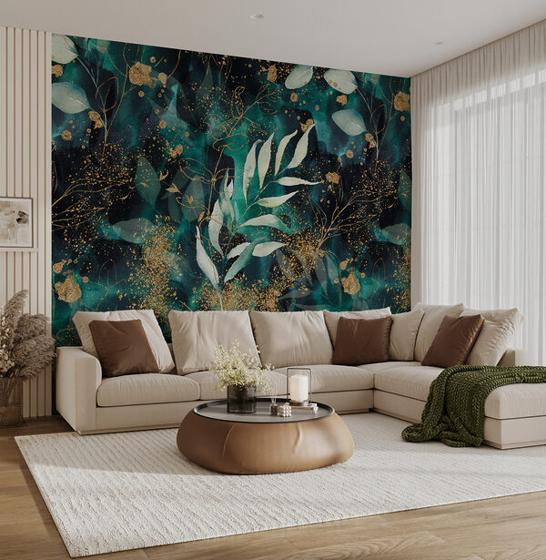 Fotobehang Abstracte bladeren met glinsterende accenten