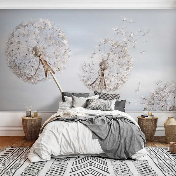 Fotobehang Gigantische paardenbloemen wiegen in de wind