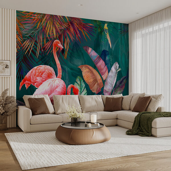 Fotobehang Roze flamingo met lange poten