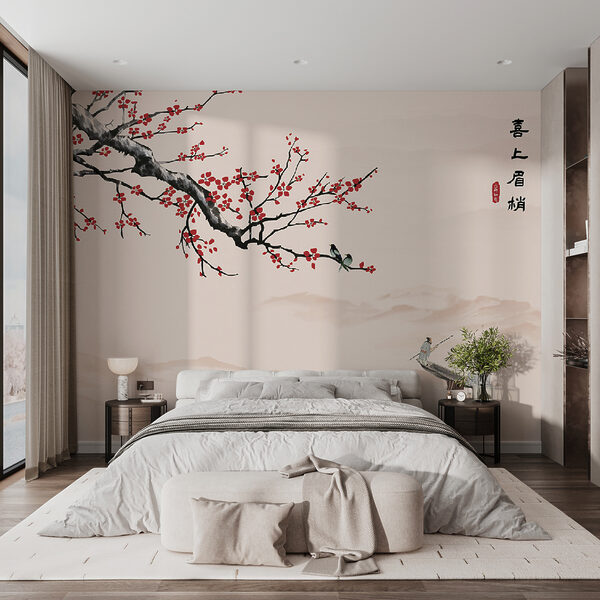 Fotobehang Boomtak met rode bloemen