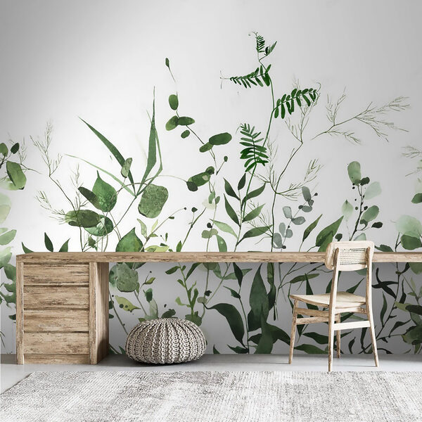 Fotobehang Groene bladeren op witte achtergrond