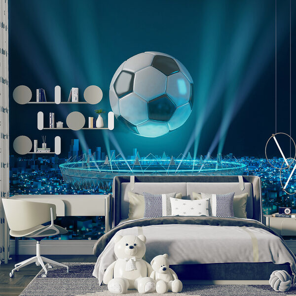 Fotobehang Drijvende voetbal over verlichte stad