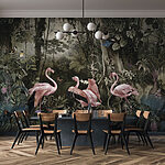 Fotobehang Flamingo's sieren een weelderige jungle