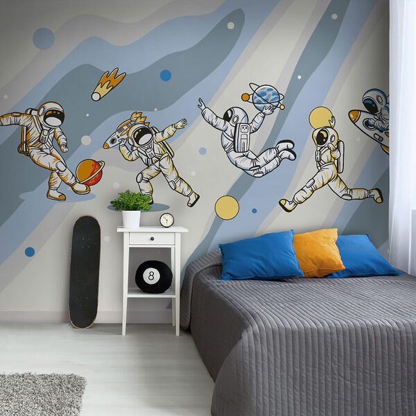 Fotobehang Cartoon van een astronaut met een raket op zijn hoofd