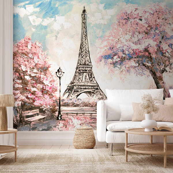 Fotobehang Fotobehang Parijse romantiek onder kersenbloesems (Artikelnummer: u74631)