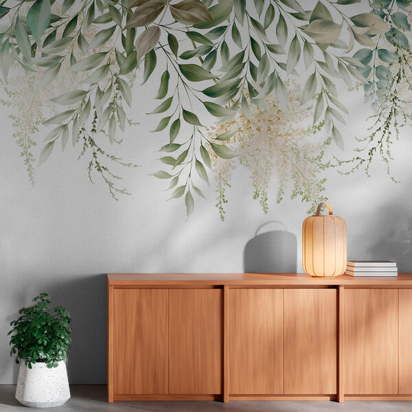 Fotobehang Elegante bladeren en bloemen die naar beneden vallen