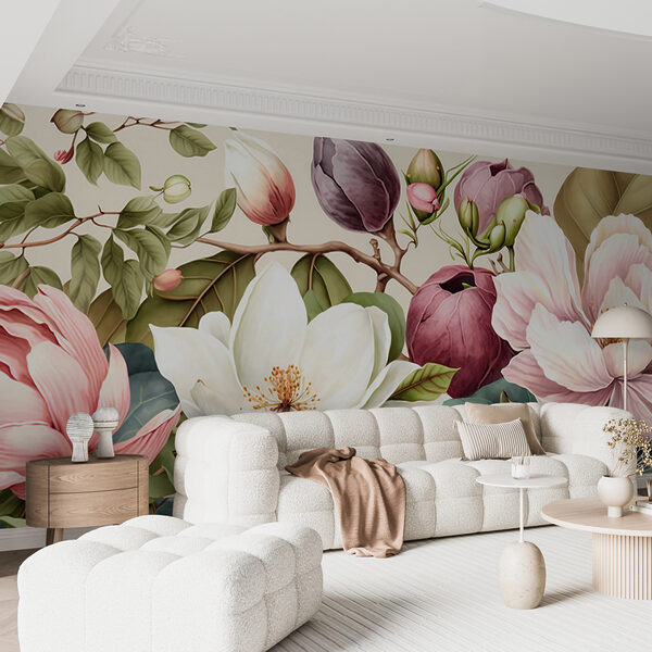 Fotobehang Bloeiende tuin in levendige kleuren