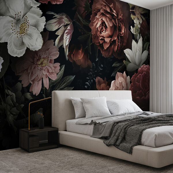 Donkere bloemige elegantie met bloeiende schoonheid Fotobehang Donkere bloemige elegantie met bloeiende schoonheid