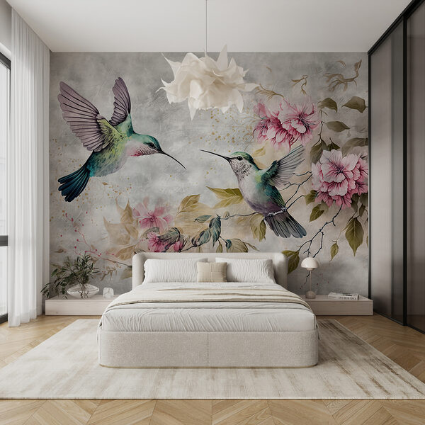Fotobehang Kolibries dansen tussen tere bloemen